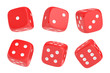 3d rendering of a set of six red dice with white dots hanging in half turn showing different numbers.