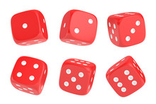 3d Rendering Of A Set Of Six Red Dice With White Dots Hanging In Half Turn Showing Different Numbers.