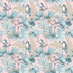 Hand drawn Tropical Seamless pattern ink palm leaves toucan flamingo.