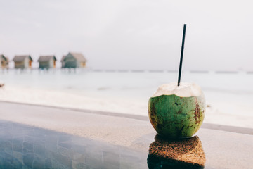 Wall Mural - Coconut with a straw standing. Ocean view