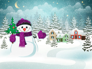 Poster - Snowman with christmas tree