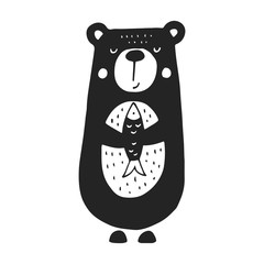 Wall Mural - Cute hand drawn nursery poster with bear and a fish in scandinavian style. Monochrome vector illustration