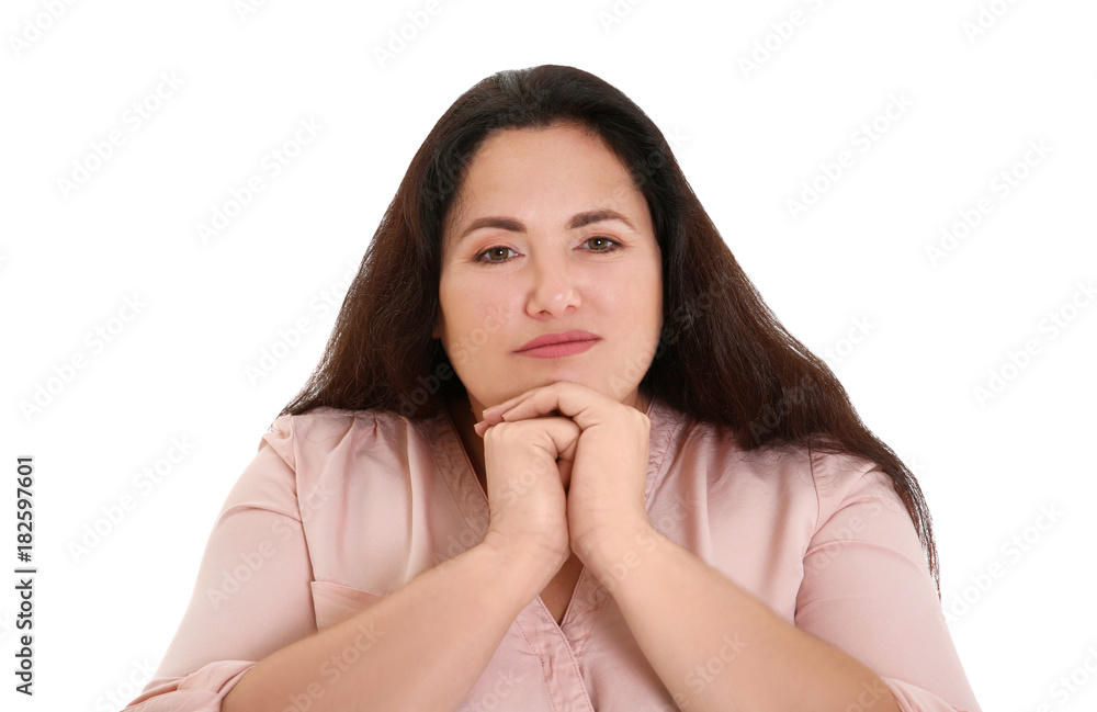 Overweight young woman on white background