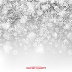 Wall Mural - Christmas Snow Vector Effect with Realistic Falling Snowflakes and Lights Overlay on Light Silver Background. Xmas Holiday Decoration. Winter 3D Illustration