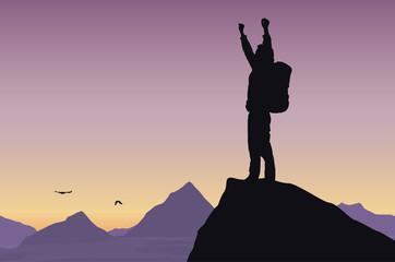 Wall Mural - Vector illustration of a mountain landscape with a tourist on top of rock celebrating success