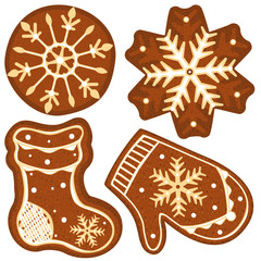 Gingerbread sock, glove and snowflakes colorful bright poster.