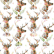  Watercolor Deer Illustration. Vintage Seamless Pattern. Animals Pattern.