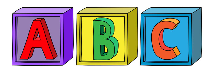 Colorful alphabet A B C letters on cube blocks in horizontal position