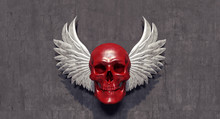 Red Skull With White Angel Wings 3D Rendering