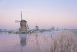 Fototapeta Panele - Windmills in the Netherlands in the soft sunrise light in winter