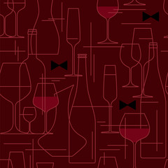 Wall Mural - Seamless background with wine glasses and bottles. Design element for tasting, menu, wine list, winery, shop. Line style. Vector illustration.