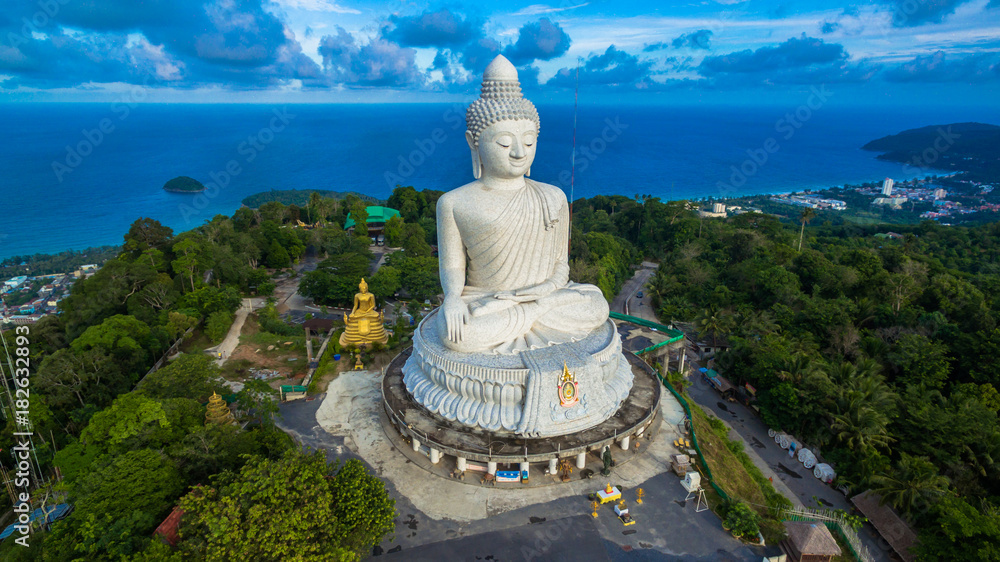 blue sky and blue ocean are on the back of Phuket Big Buddha. - obrazy, fototapety, plakaty 