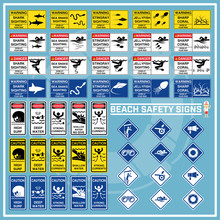 Set Of Signs And Symbols Of Beach Safety Warning, Safety Signs For Use As Beach Safety Rules, Beach Safety Caution Signs