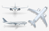 White airplane with shadow icon set on checkered background in profile and from the front isolated vector illustration