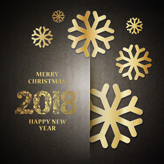 Wall Mural - Happy new year card. Gold template over black background with golden snow. Happy new year 2018. Template for your design. Vector illustration.