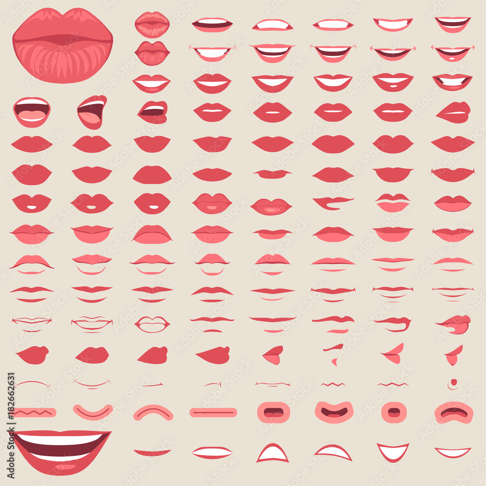  vector illustration of a kiss, red lips isolated, smile male and female mouth,  - obrazy, fototapety, plakaty 