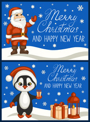 Wall Mural - Merry Christmas and happy new year greeting card set. Cute Santa and penguin in a red hat. The cartoon style.