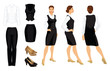Vector illustration of corporate dress code. Business woman or professor in  formal clothes. Front view, side and back view. White shirt, black pants, vest, ski and shoes isolated on white background.