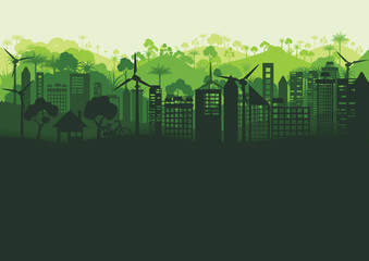 Green silhouette city landscape and forest abstract background.Nature and environment conservation concept flat design.Vector illustration.