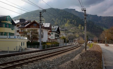 train rails in austrian alpine ski village