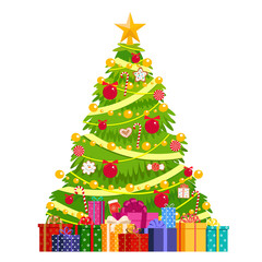 Wall Mural - Christmas tree decorated with balls, gingerbread, garlands. Under the Christmas tree is a mountain of gifts. Isolated, vector object on white background.