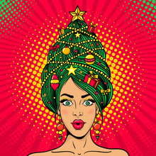 Wow Pop Art Christmas Female Face. Young Sexy Surprised Woman With Open Mouth And Decorated New Year Tree On A Head . Vector Bright Illustration In Retro Comic Style. New Year Party Invitation Poster.