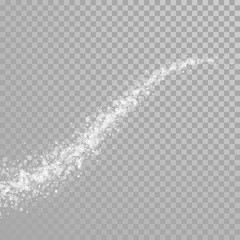 Leinwandbilder - Christmas sparkling snowflakes tail of glittering snow particles with shimmer light effect on white transparent background. Vector winter holiday sparkles swirl trail of magic glowing confetti