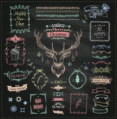 Wall Mural - chalk hand drawn christmas and new year sketch elements