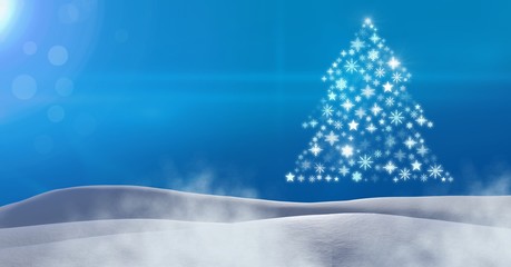 Wall Mural - Snowflake Christmas tree pattern shape in snow landscape