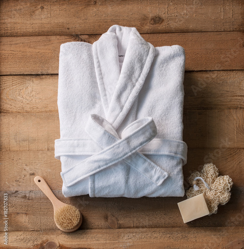 Fotomural bathrobe bath soap and loofah brush