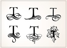 Vintage Set . Capital Letter T For Monograms And Logos. Beautiful Filigree Font. Victorian Style.
