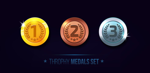 Trophy medals set design for game. Level results vector illustration isolated on white background