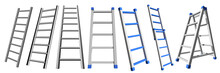 Metal Stairs. Set Of Aluminum Stairs On A White Background. Vector  Ladder Illustration