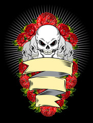 Wall Mural - Human skull with banner and roses