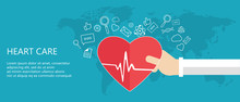 Heart Care Concept. Medicine And Health Care Icon. Hands Holding Heart With Pulse Sign. Flat Vector Illustration.