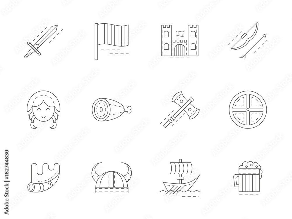 Viking attributes flat line vector icons set Stock Vector | Adobe Stock