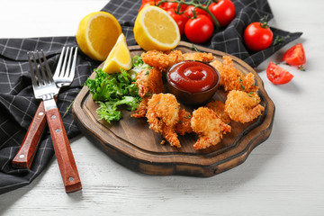 Sticker - Board with tasty shrimp basket on wooden table