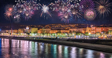 Night View Of Nice With Fireworks On The Black Sky , Cote D'Azur, French Riviera, France