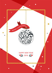 Sticker - Happy New Year and Merry Christmas design with ornate ornament and gold glitter frame. 