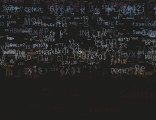 Wall Mural - Modern vector illustration with array of symbols. Abstract ascii glitch background. Flow of encrypted data. Brute force hacking of a private network. Random signal error. Element of design.