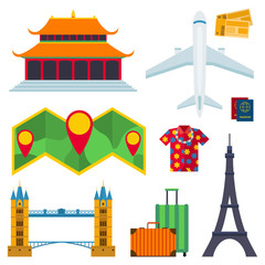 Wall Mural - Travel vector icons flat tourism vacation place tourist attractions travelers illustration.