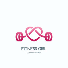 Female Fitness Gym Concept. Vector Logo, Label, Icon Or Emblem With Pink Barbell Heart Shape. Design For Woman Sports Club, Workout And Bodybuilding.