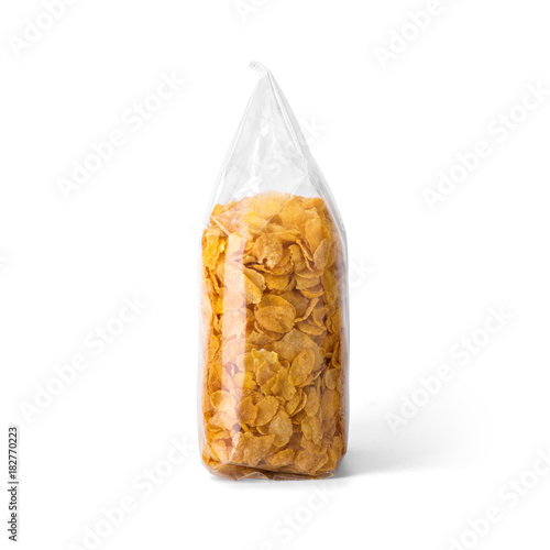 Download Corn Flakes In Transparent Plastic Bag Isolated On White Background Packaging Template Mockup Collection With Clipping Path Included Stand Up Side View Stock Photo Adobe Stock
