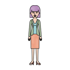 Sticker - woman full body with blouse and jacket and skirt and heel shoes with mushroom hairstyle in colored crayon silhouette vector illustration