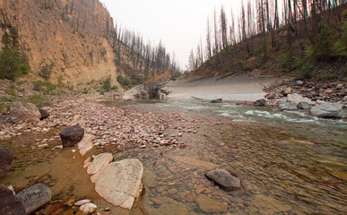 Meadow Creek Gorge on the South Fork of the Flathead River in the Bob Marshall Wilderness area during the 2017 fall fires in Montana United States