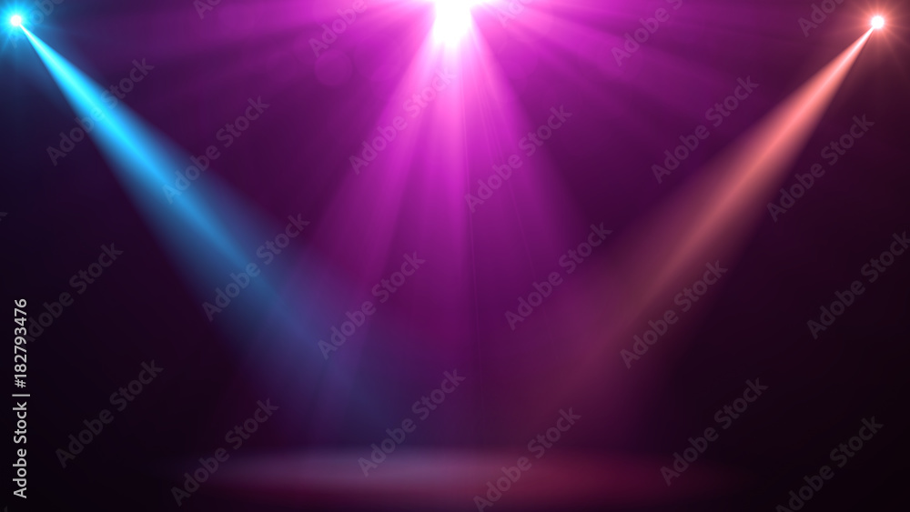 abstract of empty stage with colorful spotlights or Several bright projectors for scene lighting effects . can be used for display or montage your products - obrazy, fototapety, plakaty 