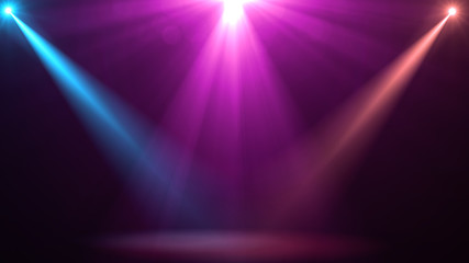 abstract of empty stage with colorful spotlights or several bright projectors for scene lighting eff