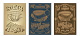Fototapeta  - Set vector steampunk posters, illustrations of a fantastic wooden flying ship in the style of engraving with decorative frame of gears and pistols. Template, design element