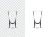 Fototapeta  - Realistic shot glasses for alcoholic drinks, vector illustration isolated on white and transparent background. Mock up, template of strong alcohol shots, such as vodka, tequila
