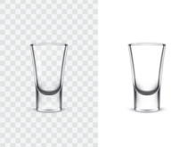 Realistic Shot Glasses For Alcoholic Drinks, Vector Illustration Isolated On White And Transparent Background. Mock Up, Template Of Strong Alcohol Shots, Such As Vodka, Tequila